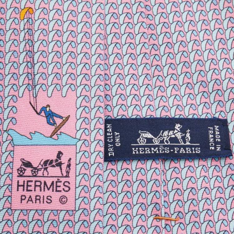 Pre Owned Hermes Pink/Blue Surfing Print Silk Tie