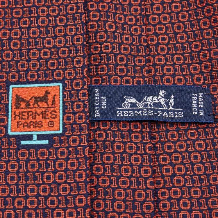 Pre Owned Hermes Navy Blue/Orange Numerical Print Silk Tie