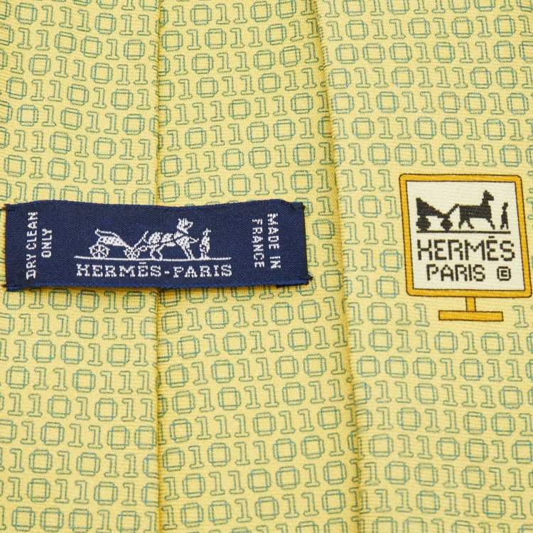 Pre Owned Hermes Yellow Numerical Print Silk Tie