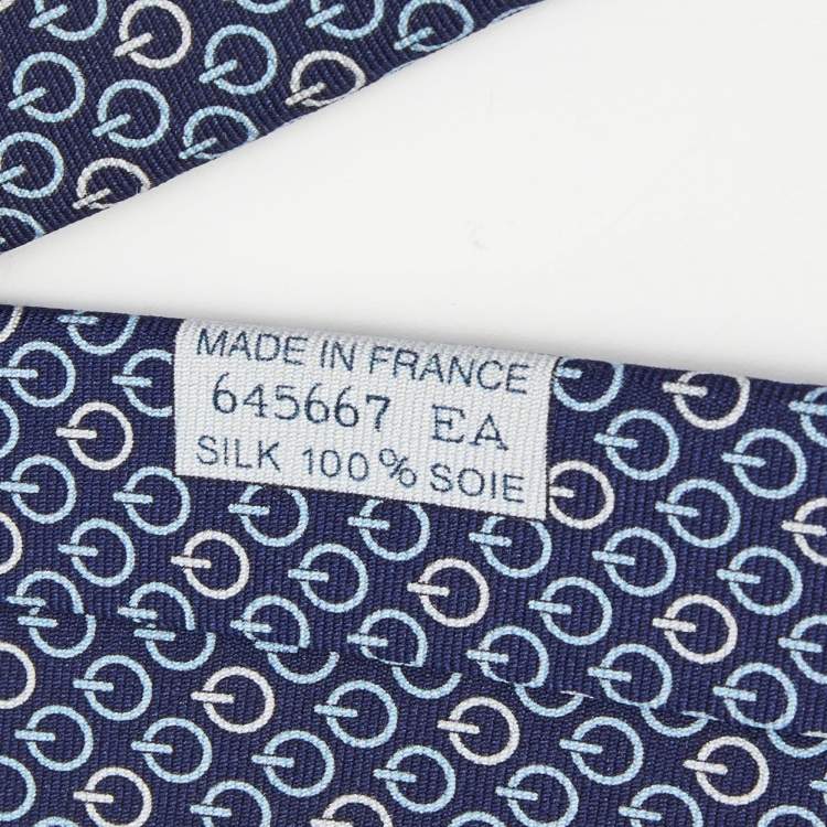 Pre Owned Hermes Navy Blue Printed Silk Tie