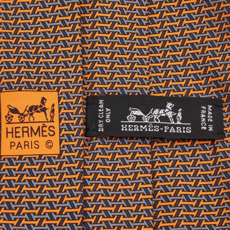 Pre Owned Hermes Orange Printed Silk Tie