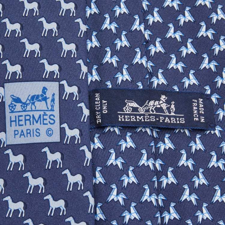 مملوكة مسبقًا Hermes Blue Origami Horse Print Silk Tie