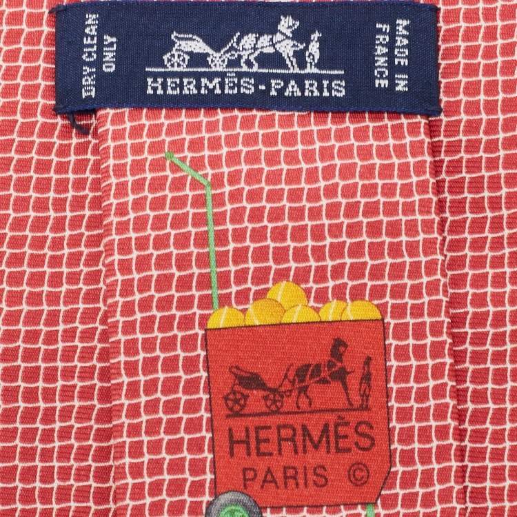 Pre Owned Hermes Red Tennis Net Print Silk Tie