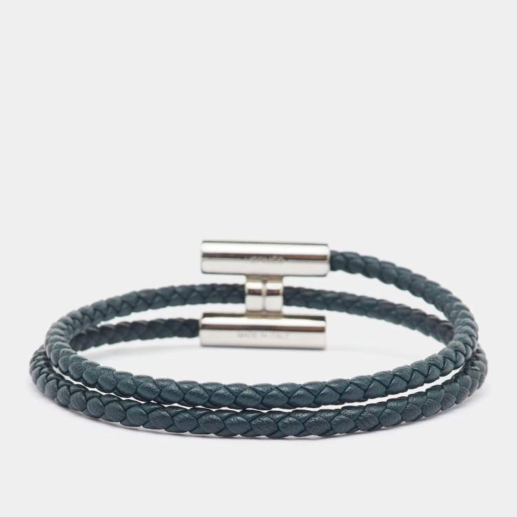 Pre Owned Hermes Dark Green Braided Leather Palladium Plated Tournis Tresse Bracelet