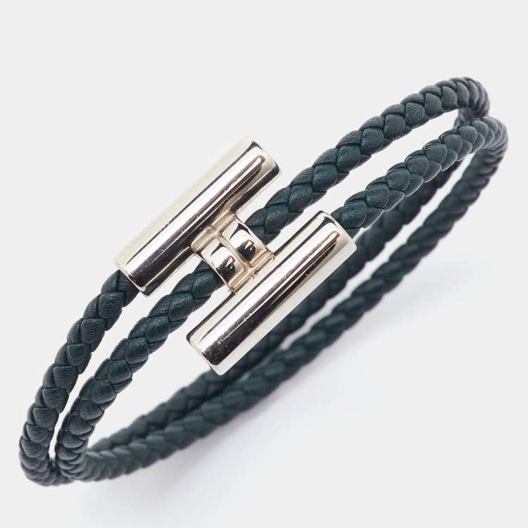 Pre Owned Hermes Dark Green Braided Leather Palladium Plated Tournis Tresse Bracelet