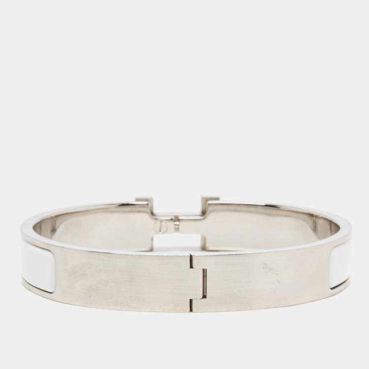 Pre Owned Hermès Clic H White Enamel Palladium Plated Bracelet