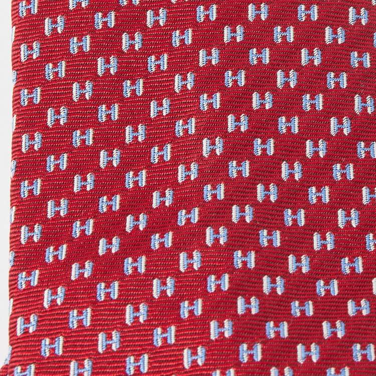 Pre Owned Hermès Red H Medeor Twillbi Silk Jacquard Narrow Tie