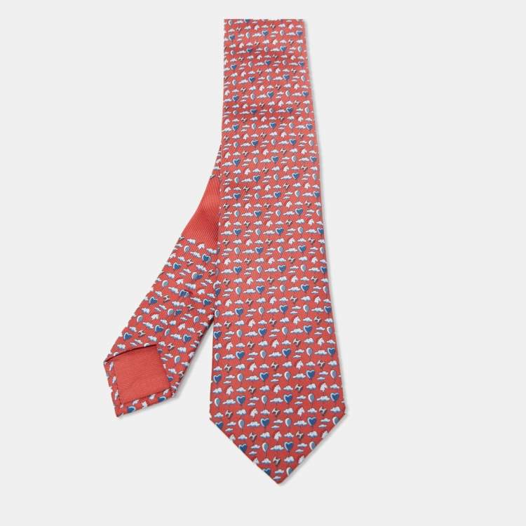 Pre Owned Hermès Red Up In The Clouds Printed Silk Skinny Tie
