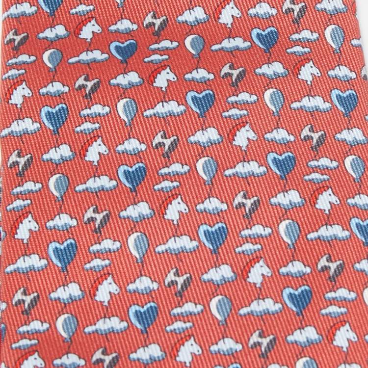 Pre Owned Hermès Red Up In The Clouds Printed Silk Skinny Tie