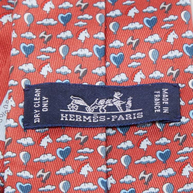Pre Owned Hermès Red Up In The Clouds Printed Silk Skinny Tie