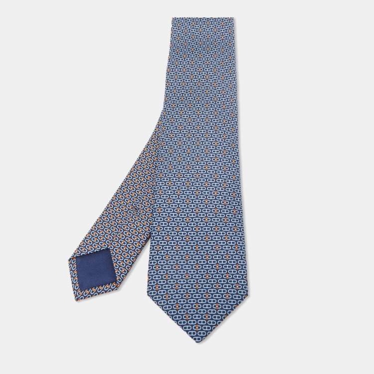 Pre Owned Hermes Navy Blue Glenan Printed Silk Skinny Tie