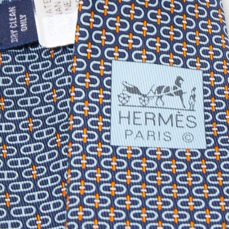 Pre Owned Hermes Navy Blue Glenan Printed Silk Skinny Tie