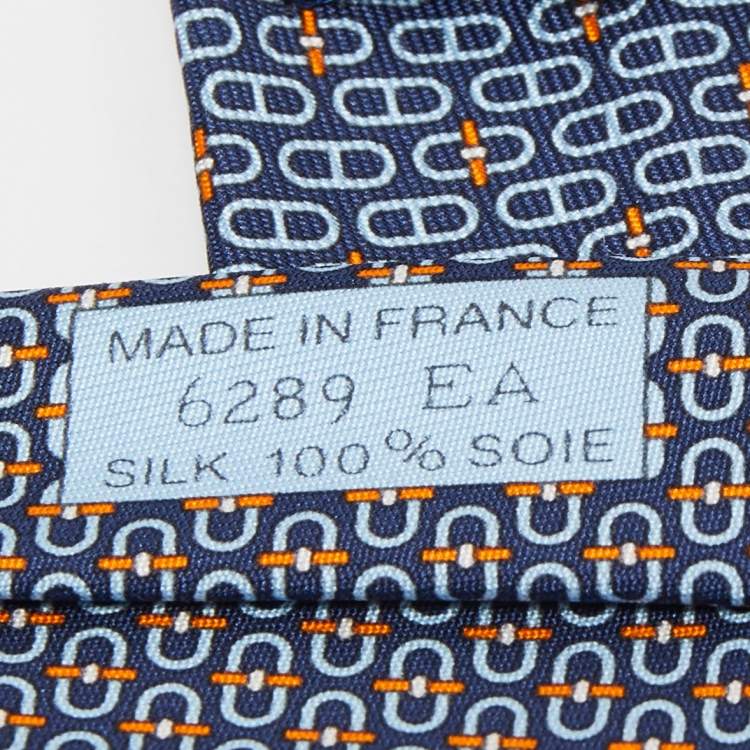 Pre Owned Hermes Navy Blue Glenan Printed Silk Skinny Tie