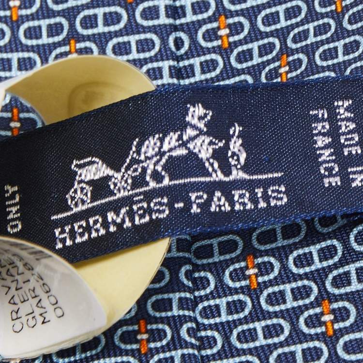 Pre Owned Hermes Navy Blue Glenan Printed Silk Skinny Tie