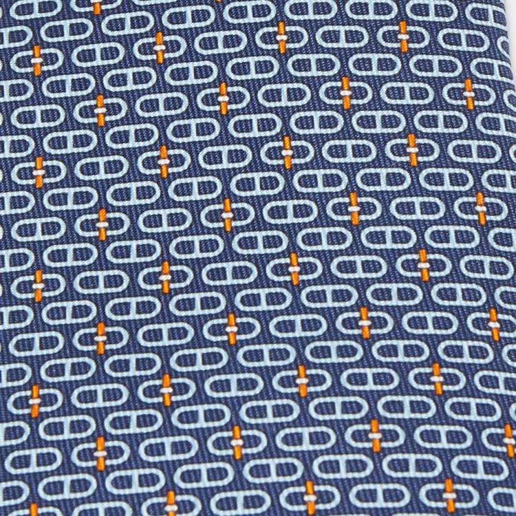 Pre Owned Hermes Navy Blue Glenan Printed Silk Skinny Tie