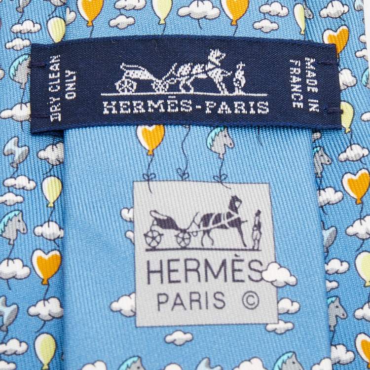 Pre Owned Hermes Blue Up In The Clouds Printed Silk Slim Tie