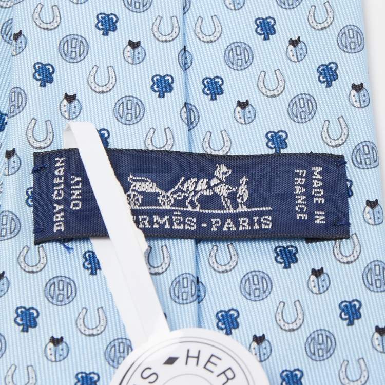 Pre Owned Hermès Blue Job Interview Printed Silk Slim Tie
