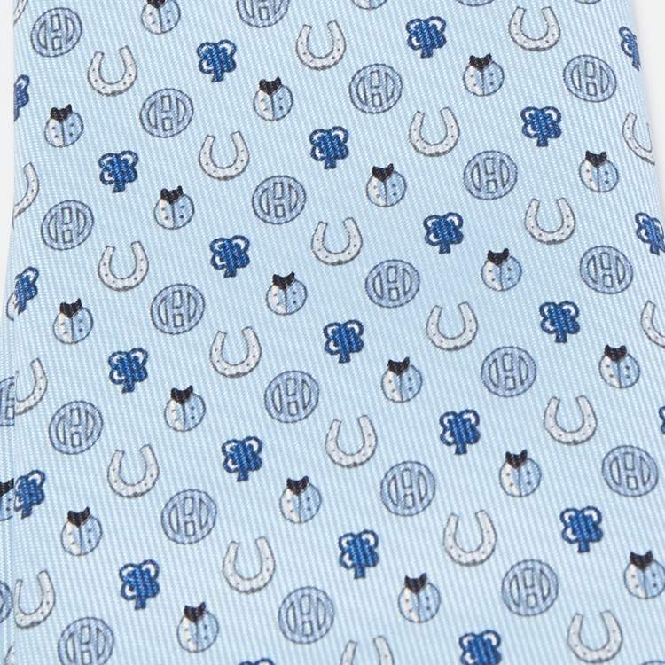Pre Owned Hermès Blue Job Interview Printed Silk Slim Tie