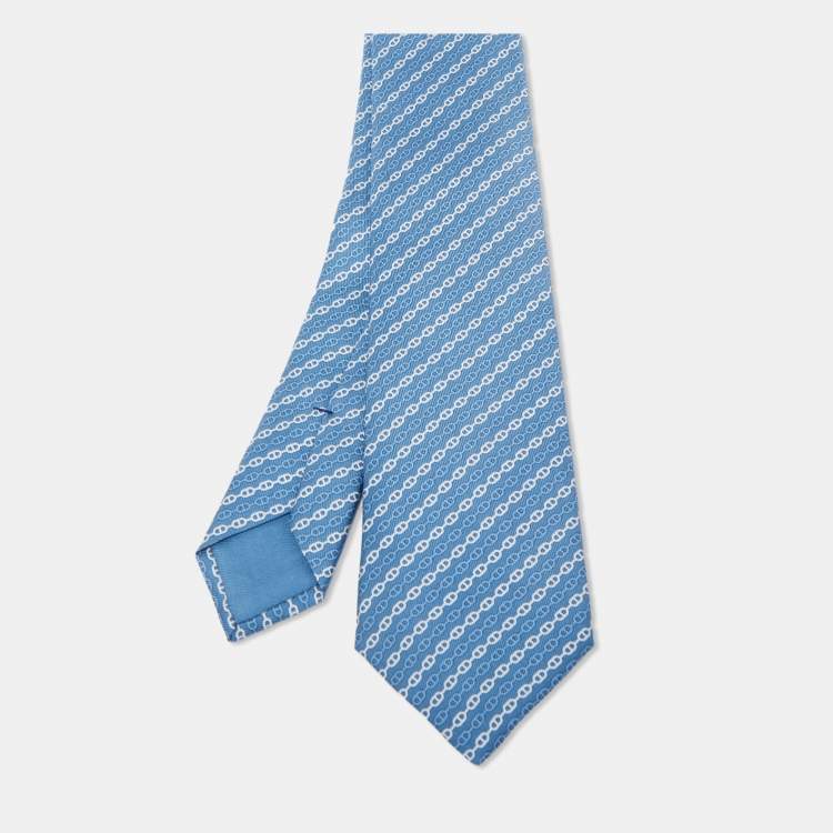 مملوكة مسبقًا Hermès Blue Levez l'Ancre Printed Silk Slim Tie