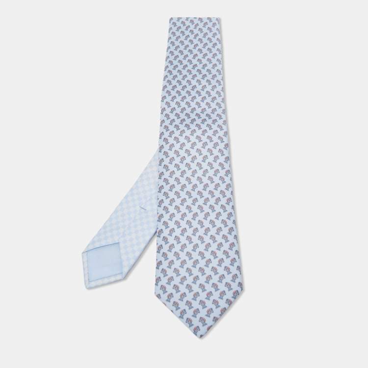 Pre Owned Hermès Blue Echec et Mat Twillbi Printed Silk Slim Tie
