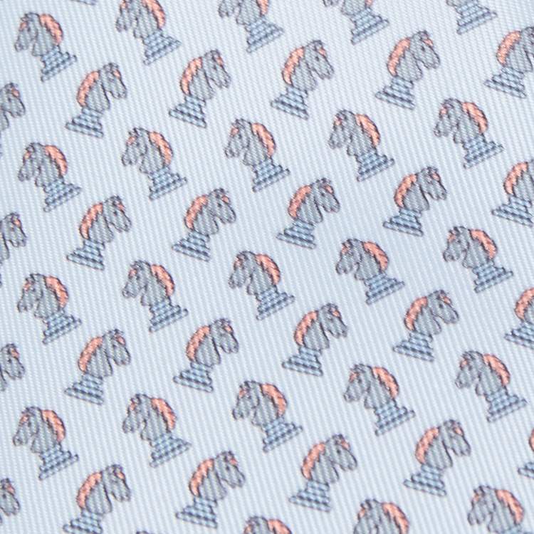 Pre Owned Hermès Blue Echec et Mat Twillbi Printed Silk Slim Tie