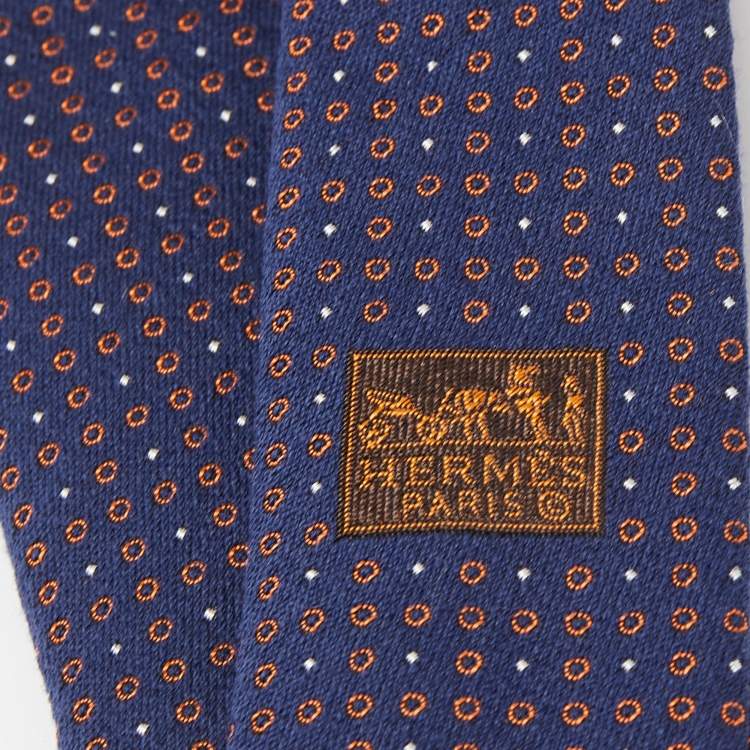 Pre Owned Hermes Navy Blue Cercles Et Pois Silk & Wool Jacquard Slim Tie
