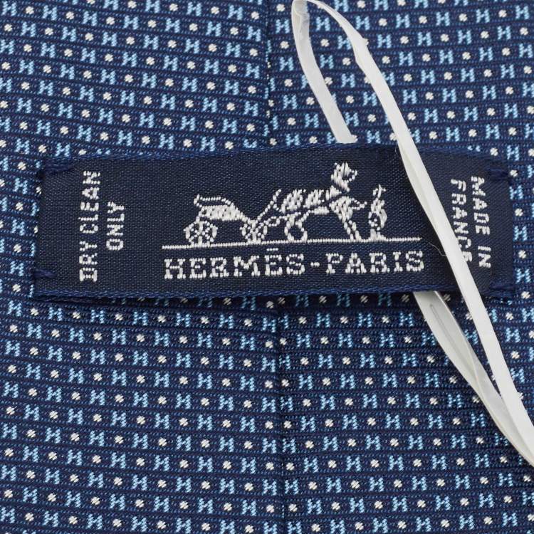 Pre Owned Hermès Navy Blue Mega Chariot Silk Jacquard Slim Tie