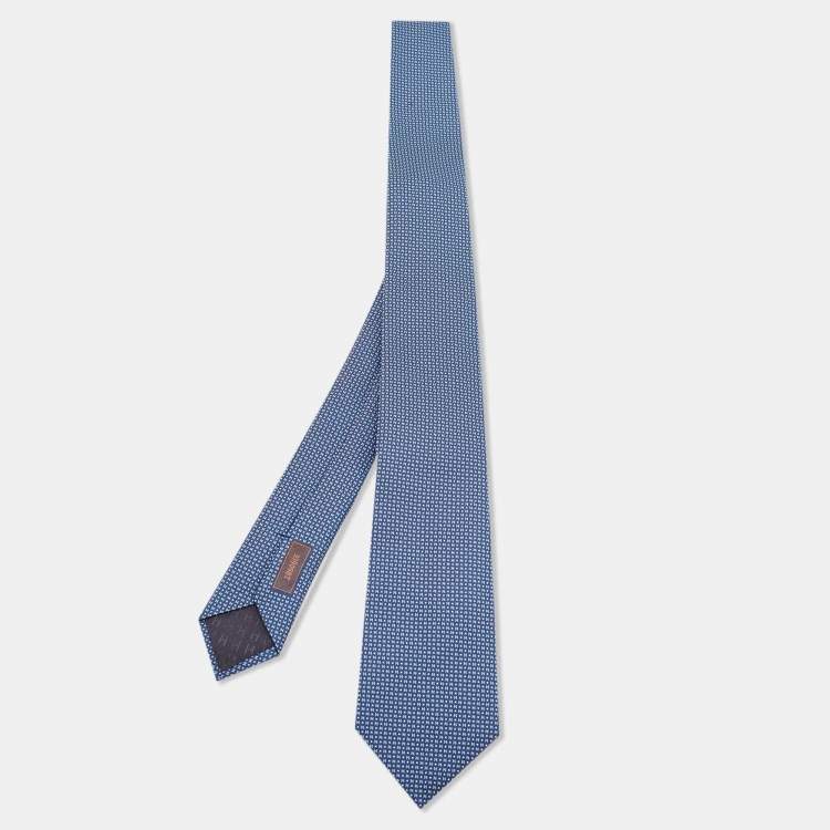 Pre Owned Hermès Navy Blue Mega Chariot Silk Jacquard Slim Tie