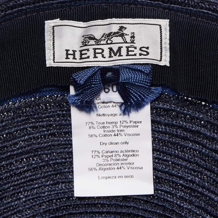 Pre Owned Hermes Navy Blue Striped Detail Hemp Claudio Hat (60)