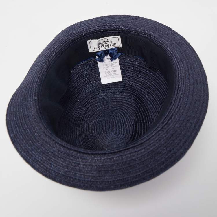 Pre Owned Hermes Navy Blue Striped Detail Hemp Claudio Hat (60)