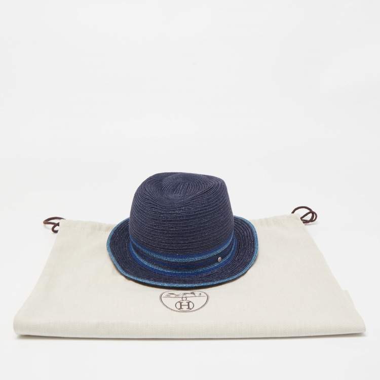 Pre Owned Hermes Navy Blue Striped Detail Hemp Claudio Hat (60)