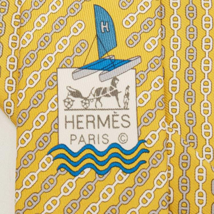 Pre Owned Hermès Yellow Levez l'Ancre Printed Silk Slim Tie