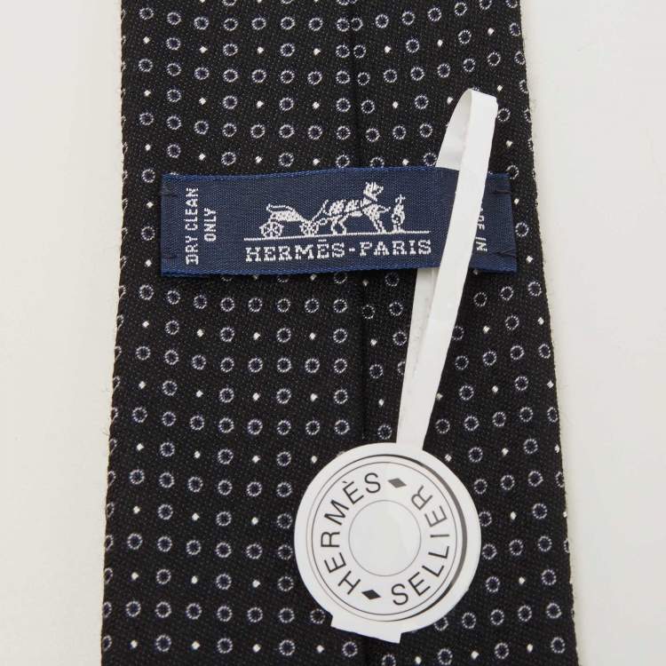 Pre Owned Hermès Black Cercles Et Pois Silk & Wool Jacquard Slim Tie