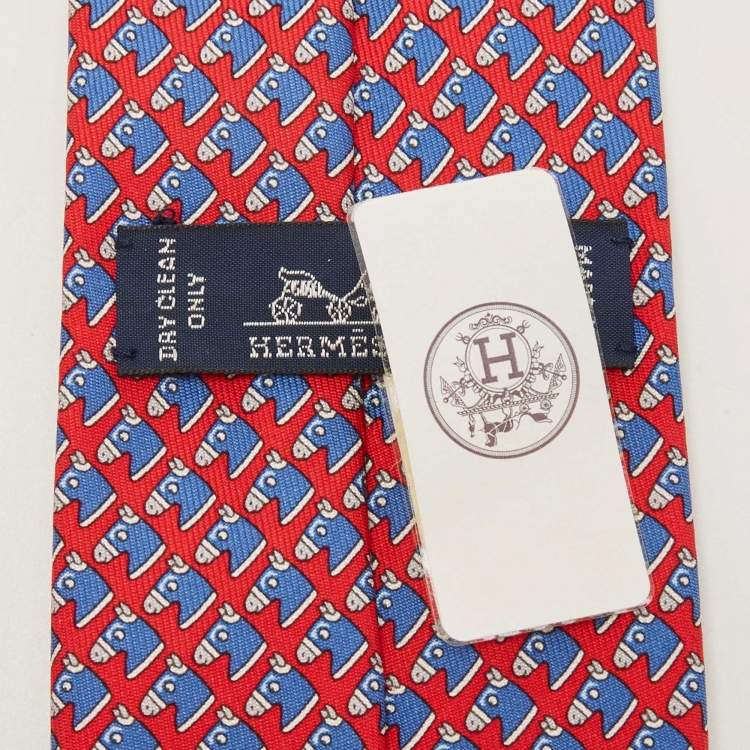 Pre Owned Hermes Red Equestrian Printed Silk Slim Tie