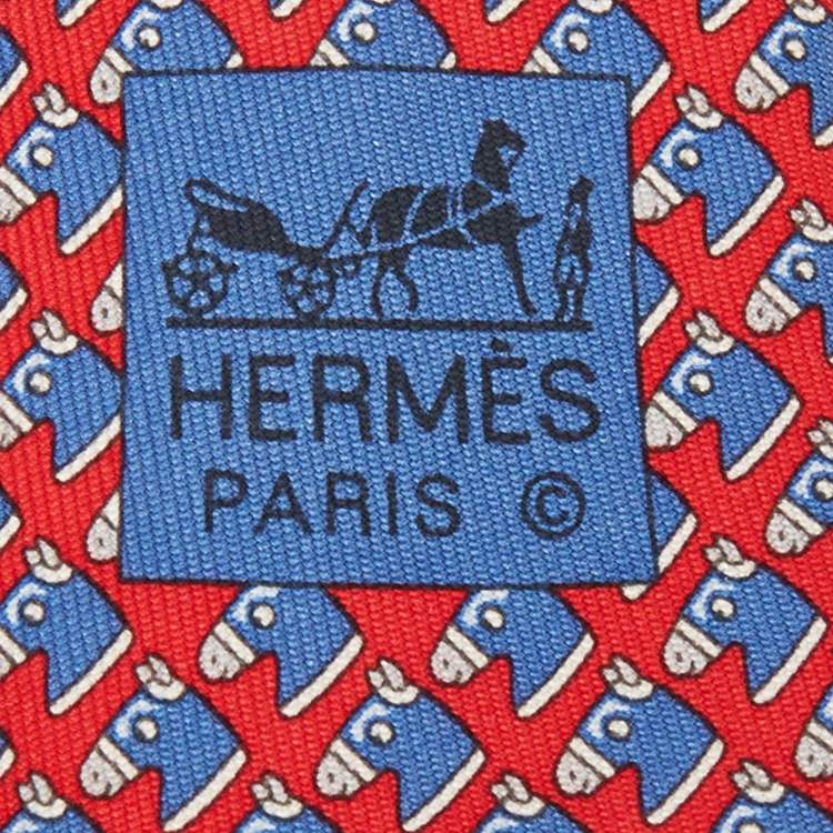 Pre Owned Hermes Red Equestrian Printed Silk Slim Tie