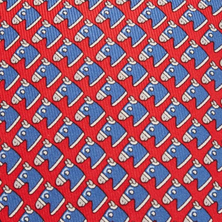 Pre Owned Hermes Red Equestrian Printed Silk Slim Tie