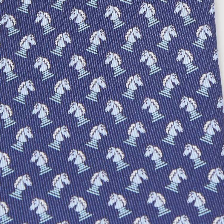 Pre Owned Hermès Navy Blue Echec Et Mat Printed Silk Slim Tie