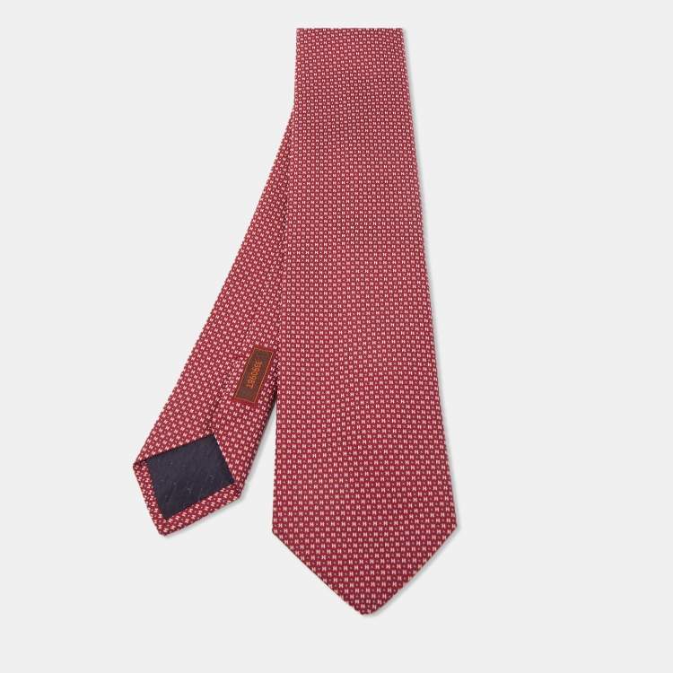 Pre Owned Hermès Red 7 Mega Chariot Silk Jacquard Slim Tie