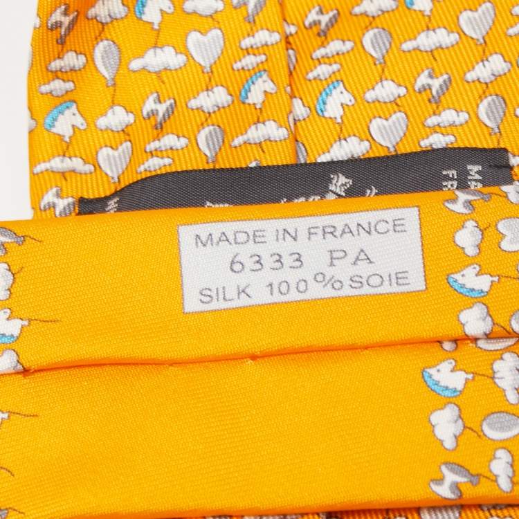 Pre Owned Hermès Yellow Up In The Clouds Printed Silk Slim Tie