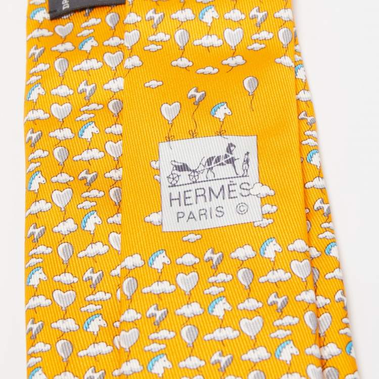 Pre Owned Hermès Yellow Up In The Clouds Printed Silk Slim Tie