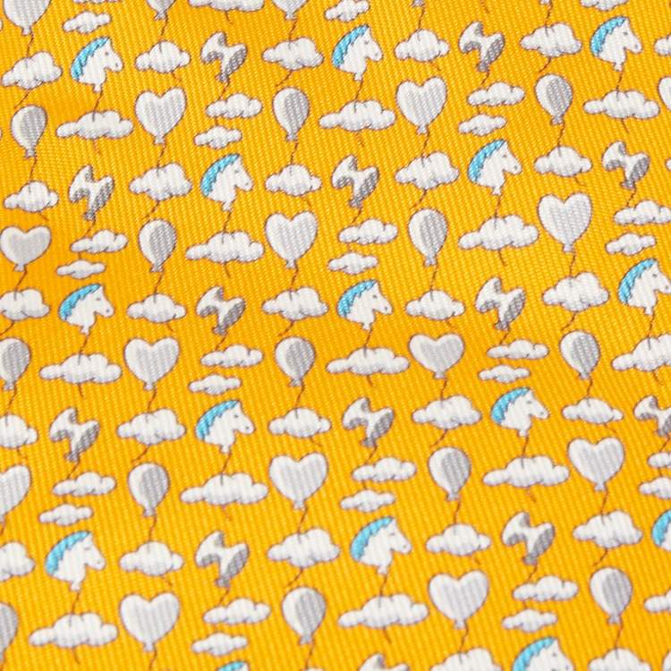 Pre Owned Hermès Yellow Up In The Clouds Printed Silk Slim Tie