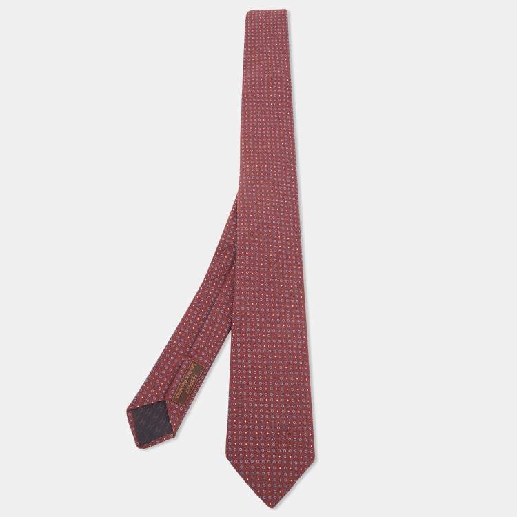 مملوكة مسبقًا Hermès Burgundy Cercles Et Pois Silk & Wool Jacquard Slim Tie