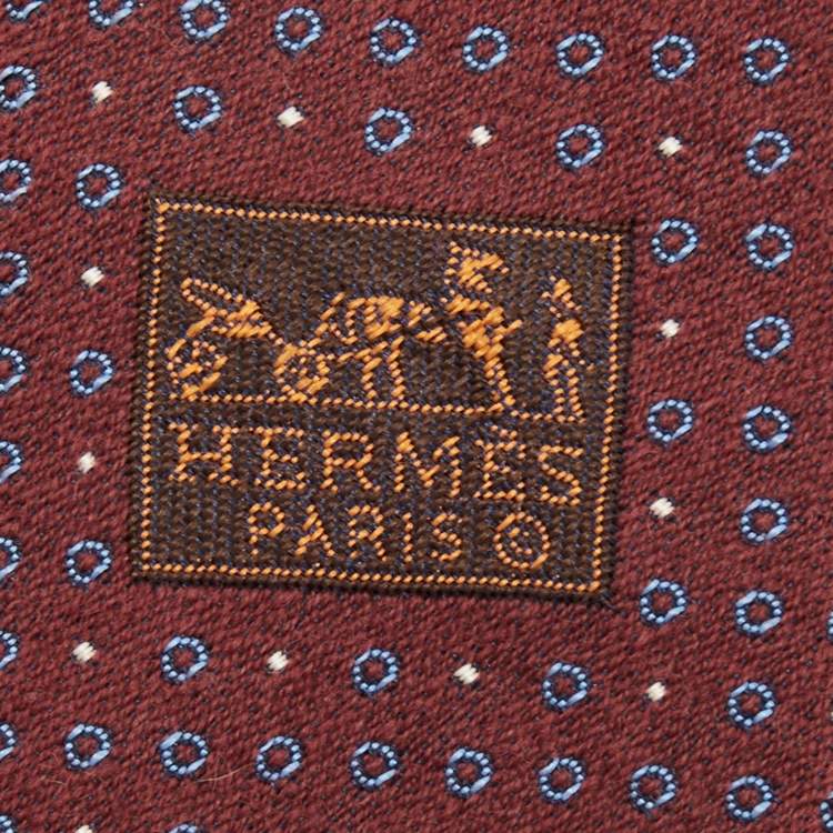 مملوكة مسبقًا Hermès Burgundy Cercles Et Pois Silk & Wool Jacquard Slim Tie