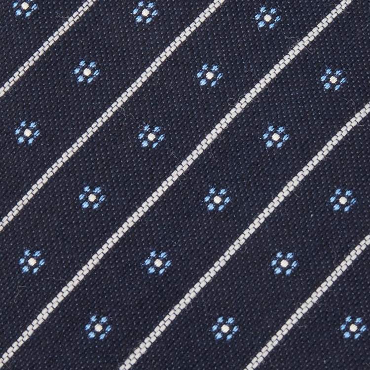 Pre Owned Hermès Navy Blue Fleurs En Club Silk & Wool Jacquard Slim Tie