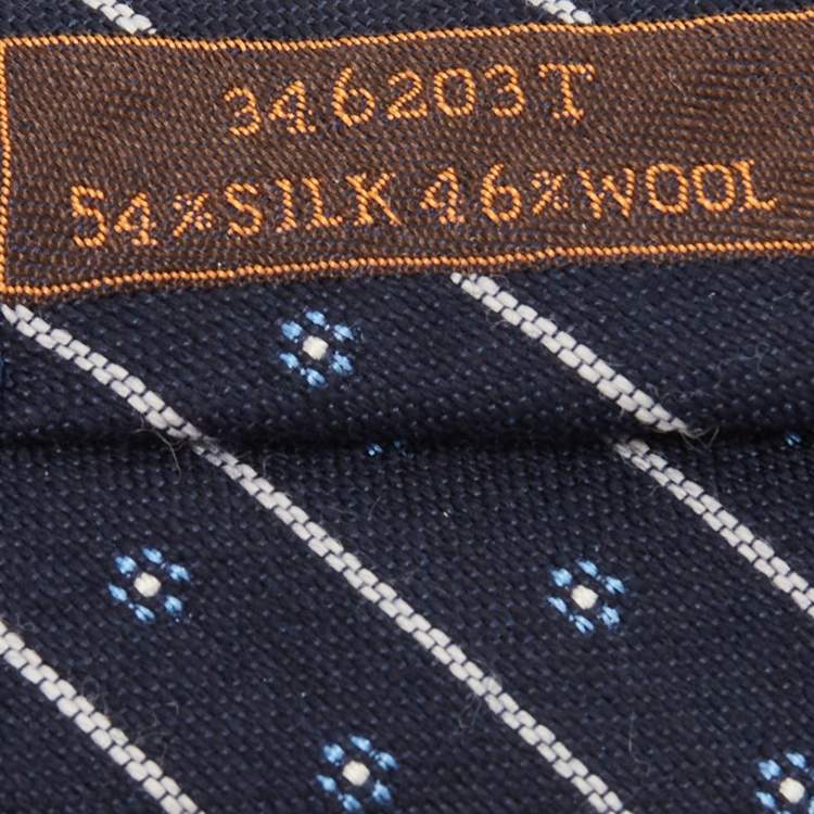 Pre Owned Hermès Navy Blue Fleurs En Club Silk & Wool Jacquard Slim Tie