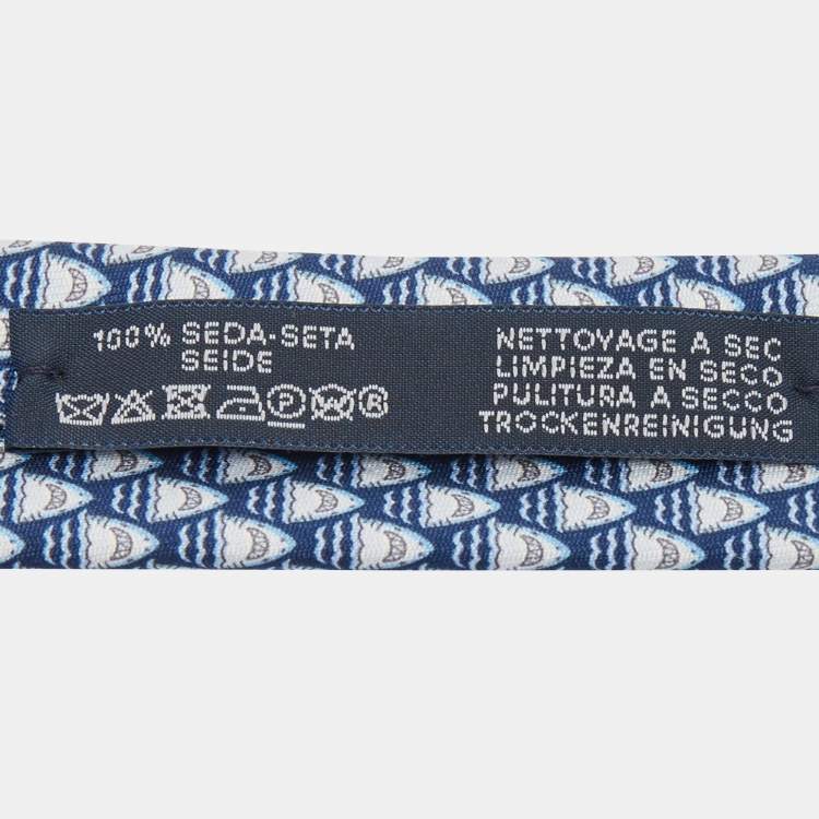 Pre Owned Hermes Blue Les Dents d'Hermes Printed Silk Slim Tie