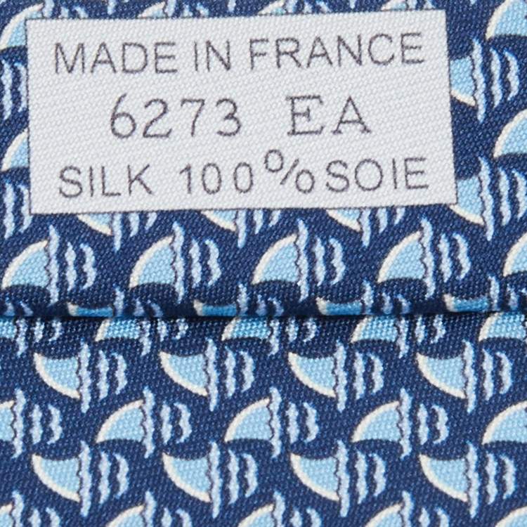 Pre Owned Hermes Blue Les Dents d'Hermes Printed Silk Slim Tie