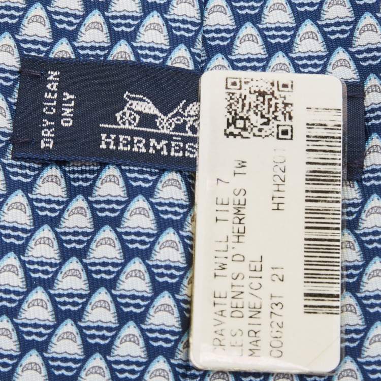 Pre Owned Hermes Blue Les Dents d'Hermes Printed Silk Slim Tie