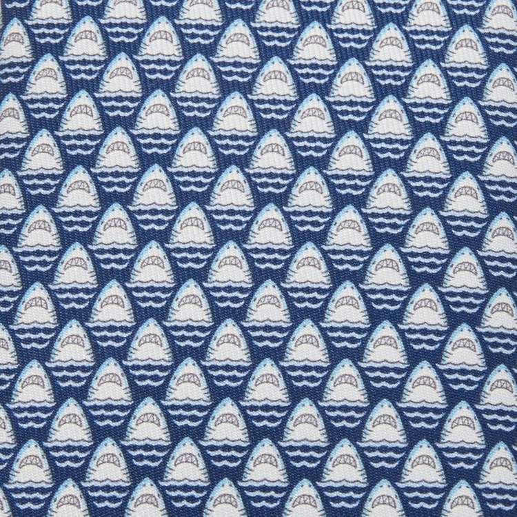 Pre Owned Hermes Blue Les Dents d'Hermes Printed Silk Slim Tie