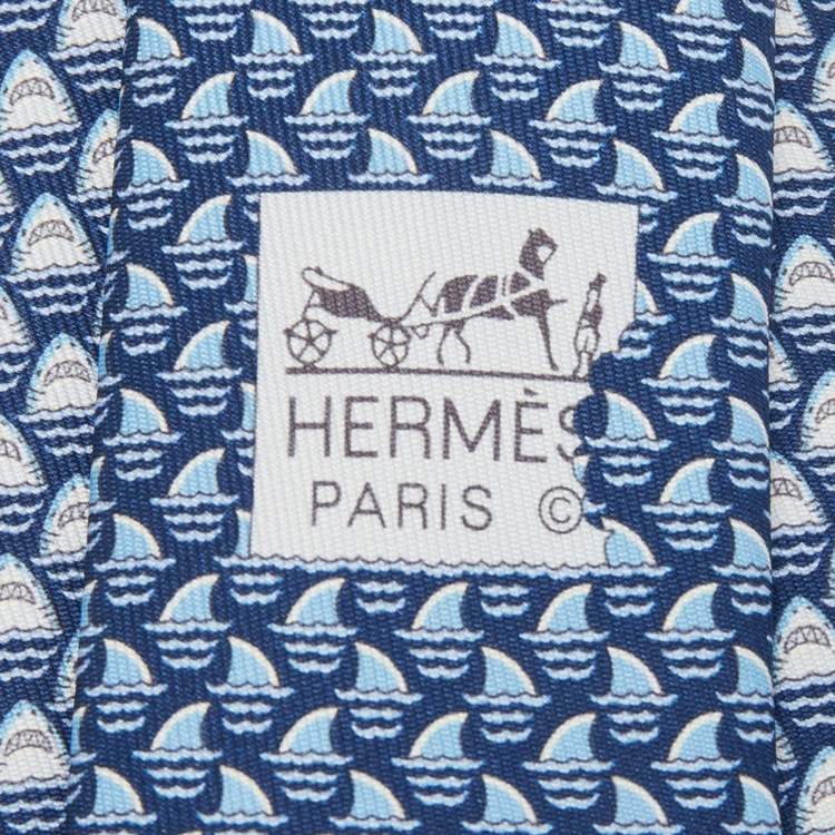 Pre Owned Hermes Blue Les Dents d'Hermes Printed Silk Slim Tie